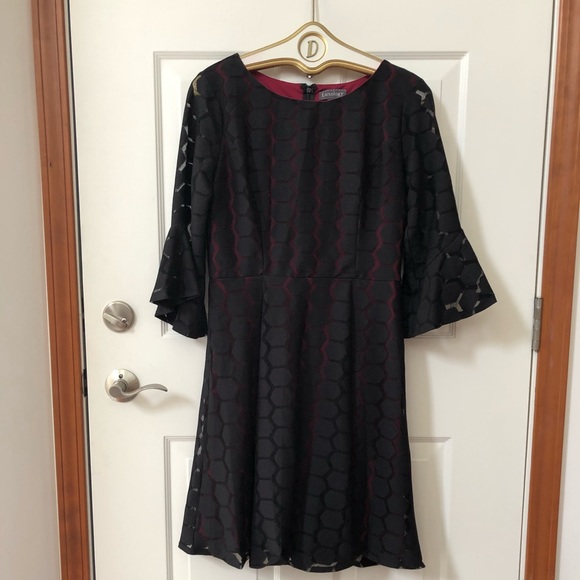 Luxology Fit & Flare Red Dress w/Black Overlay & Bell Sleeves - Picture 2 of 10